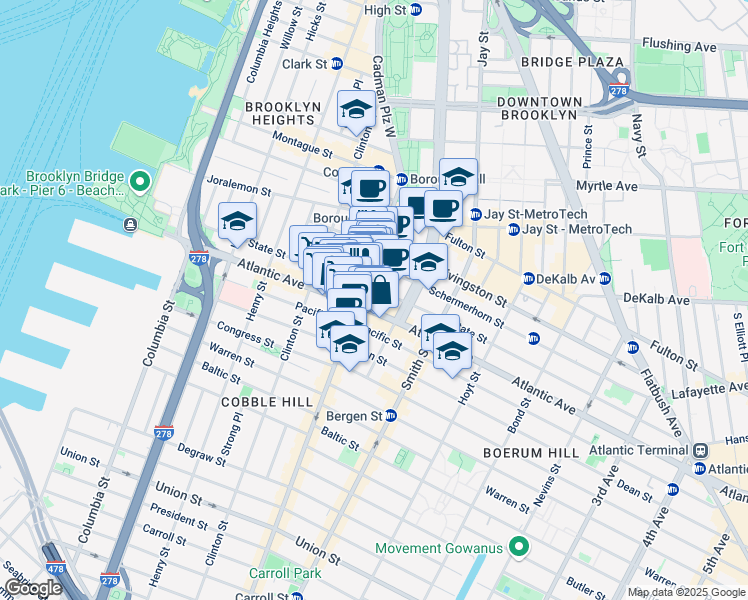 map of restaurants, bars, coffee shops, grocery stores, and more near 88 Court Street in Brooklyn