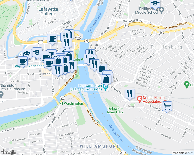 map of restaurants, bars, coffee shops, grocery stores, and more near 86 South Main Street in Phillipsburg
