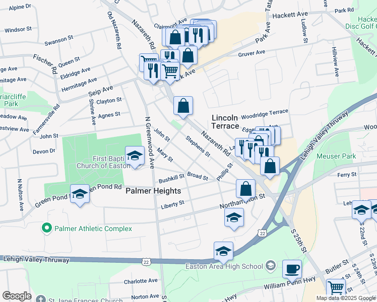 map of restaurants, bars, coffee shops, grocery stores, and more near 2750 Stephens Street in Easton