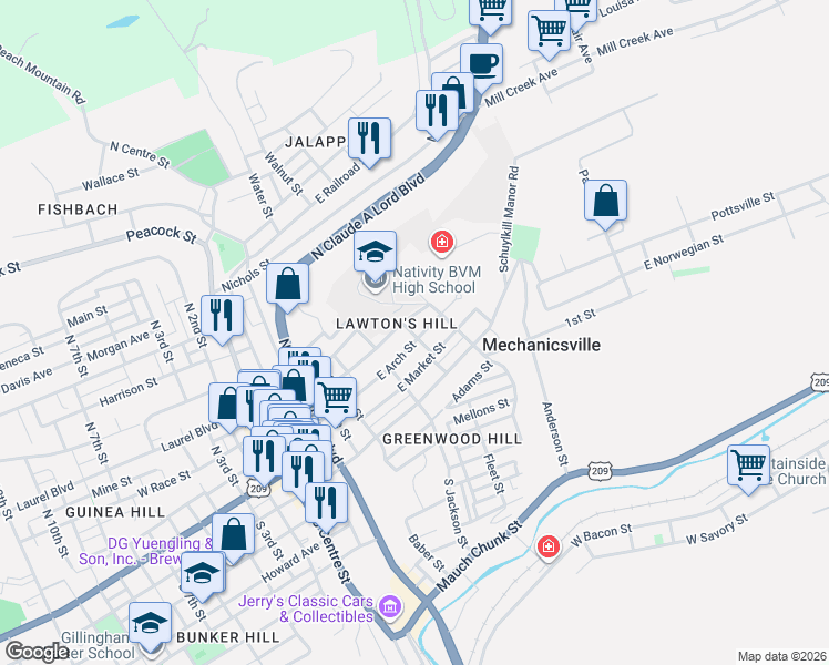 map of restaurants, bars, coffee shops, grocery stores, and more near 206 Charles Street in Pottsville