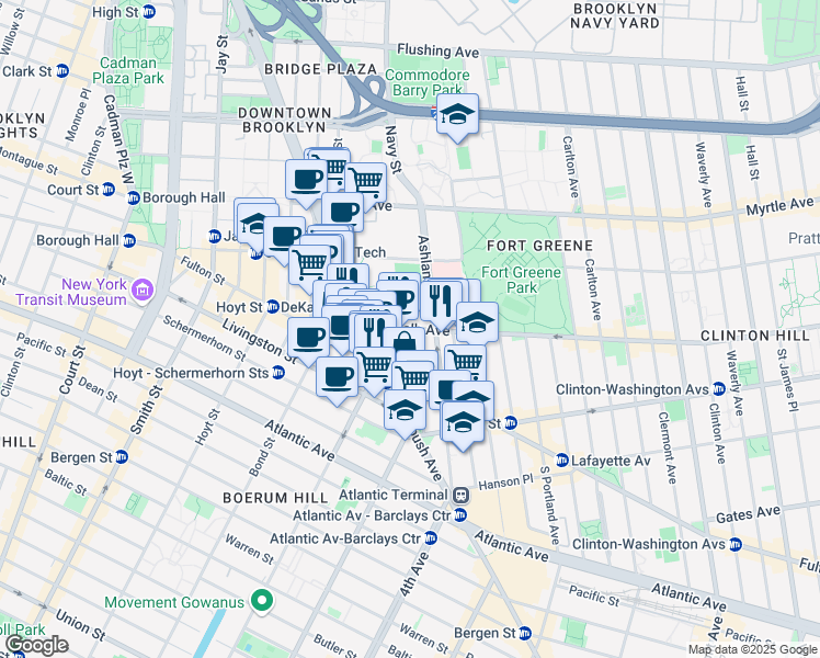 map of restaurants, bars, coffee shops, grocery stores, and more near 80 Dekalb Avenue in Brooklyn