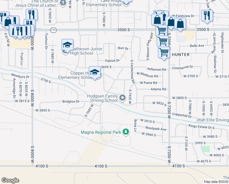 map of restaurants, bars, coffee shops, grocery stores, and more near 7518 Adams Road in Magna