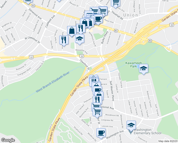 map of restaurants, bars, coffee shops, grocery stores, and more near 755 Chestnut Street in Union