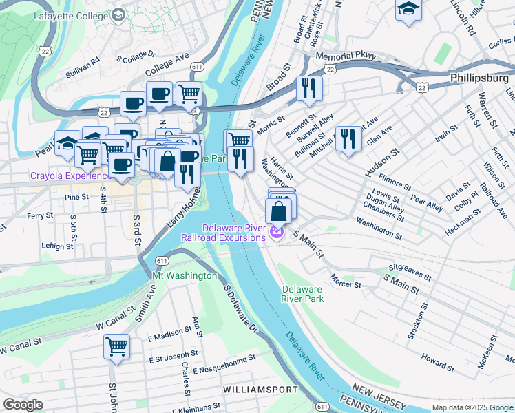 map of restaurants, bars, coffee shops, grocery stores, and more near 88 South Main Street in Phillipsburg
