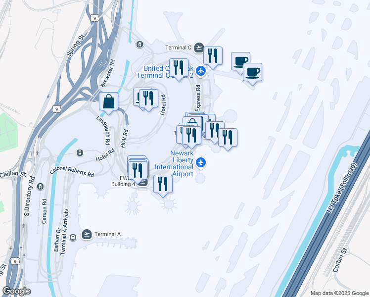 map of restaurants, bars, coffee shops, grocery stores, and more near 1 Brewster Road in Newark