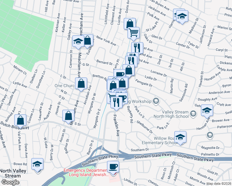 map of restaurants, bars, coffee shops, grocery stores, and more near 596 Franklin Avenue in Elmont