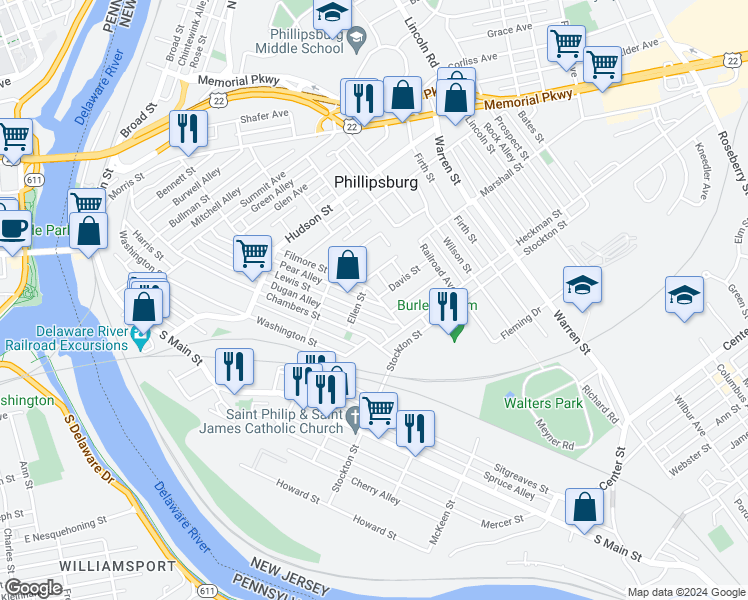 map of restaurants, bars, coffee shops, grocery stores, and more near 250 Filmore Street in Phillipsburg