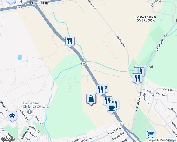map of restaurants, bars, coffee shops, grocery stores, and more near U.S. 22 in Phillipsburg