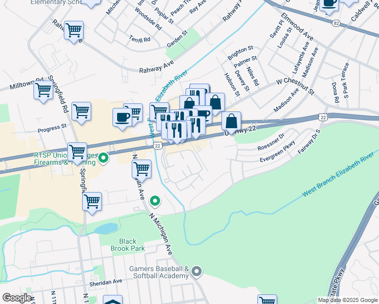 map of restaurants, bars, coffee shops, grocery stores, and more near 412 Tournament Drive in Union