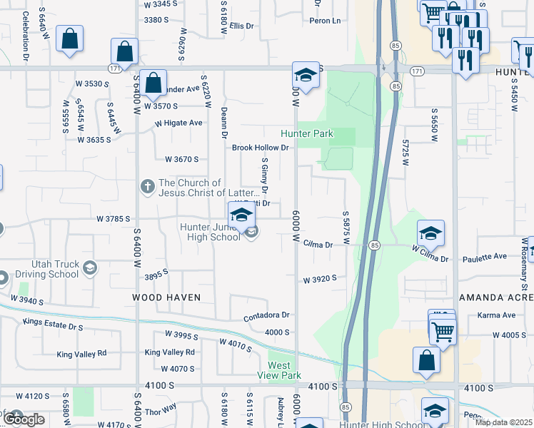 map of restaurants, bars, coffee shops, grocery stores, and more near 6074 Wending Lane in West Valley City