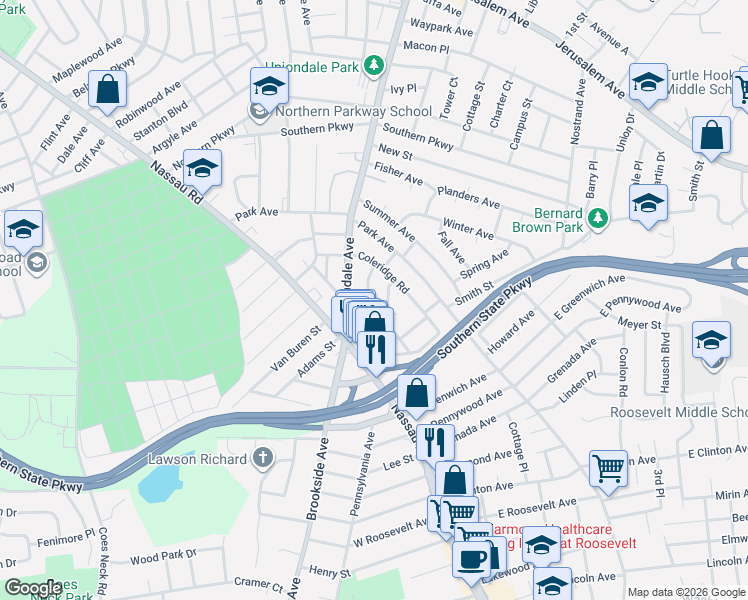 map of restaurants, bars, coffee shops, grocery stores, and more near 732 Coleridge Road in Uniondale