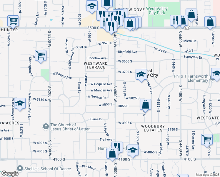 map of restaurants, bars, coffee shops, grocery stores, and more near 3747 South Tecumseh Street in West Valley City