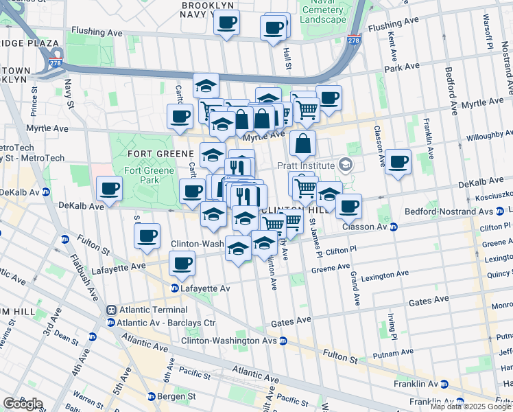 map of restaurants, bars, coffee shops, grocery stores, and more near 280 Clinton Avenue in Brooklyn