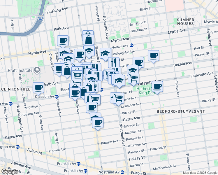 map of restaurants, bars, coffee shops, grocery stores, and more near 58 1/2 Kosciuszko Street in Brooklyn