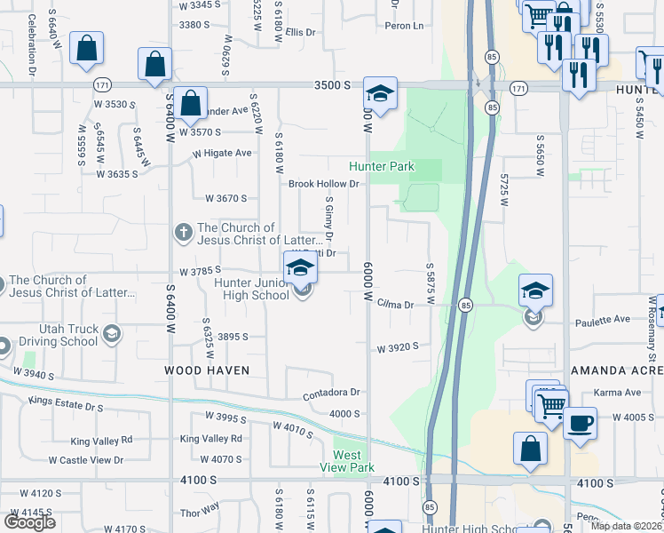 map of restaurants, bars, coffee shops, grocery stores, and more near 6074 Wending Lane in West Valley City