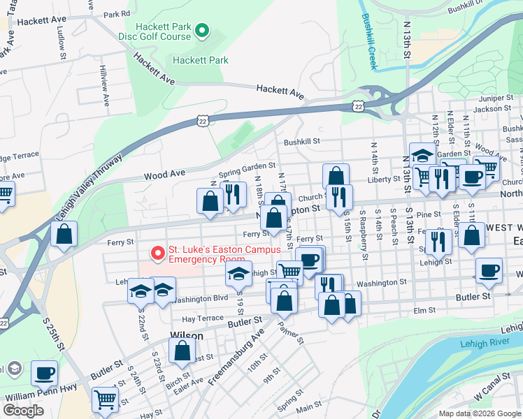 map of restaurants, bars, coffee shops, grocery stores, and more near 1801 Northampton Street in Easton