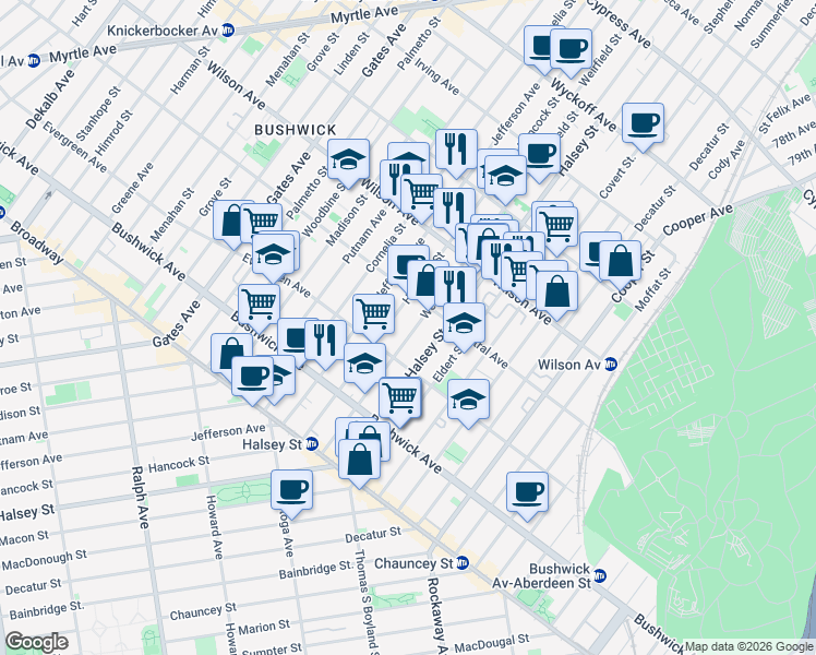 map of restaurants, bars, coffee shops, grocery stores, and more near 147 Weirfield Street in Brooklyn