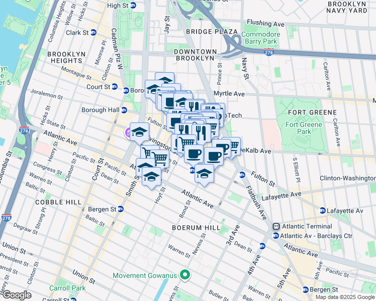 map of restaurants, bars, coffee shops, grocery stores, and more near 519 Fulton Street in Brooklyn