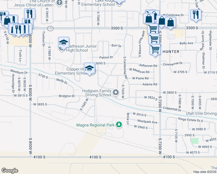 map of restaurants, bars, coffee shops, grocery stores, and more near 3764 West 7525 South in Magna