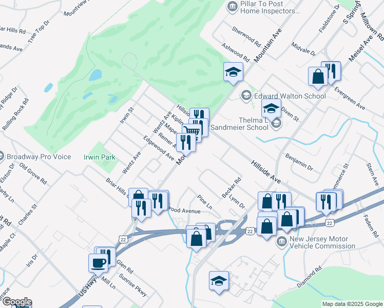 map of restaurants, bars, coffee shops, grocery stores, and more near 719 Mountain Avenue in Springfield