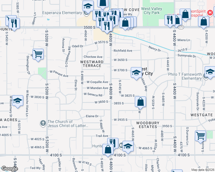 map of restaurants, bars, coffee shops, grocery stores, and more near 3747 South Tecumseh Street in West Valley City