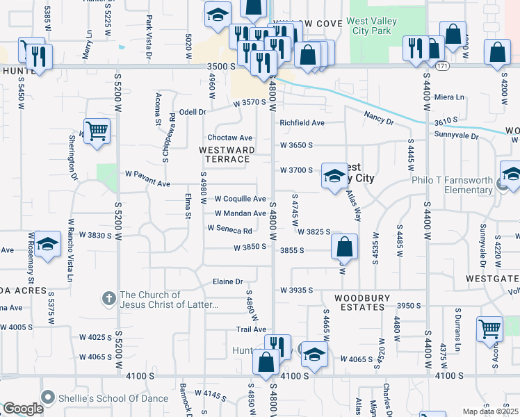 map of restaurants, bars, coffee shops, grocery stores, and more near 3747 South Tecumseh Street in West Valley City