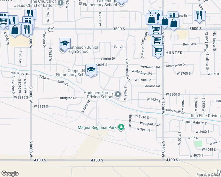 map of restaurants, bars, coffee shops, grocery stores, and more near 3764 West 7525 South in Magna