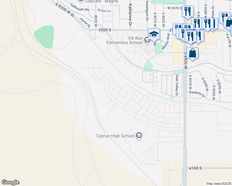 map of restaurants, bars, coffee shops, grocery stores, and more near 3749 South Gold Bank Drive in Magna