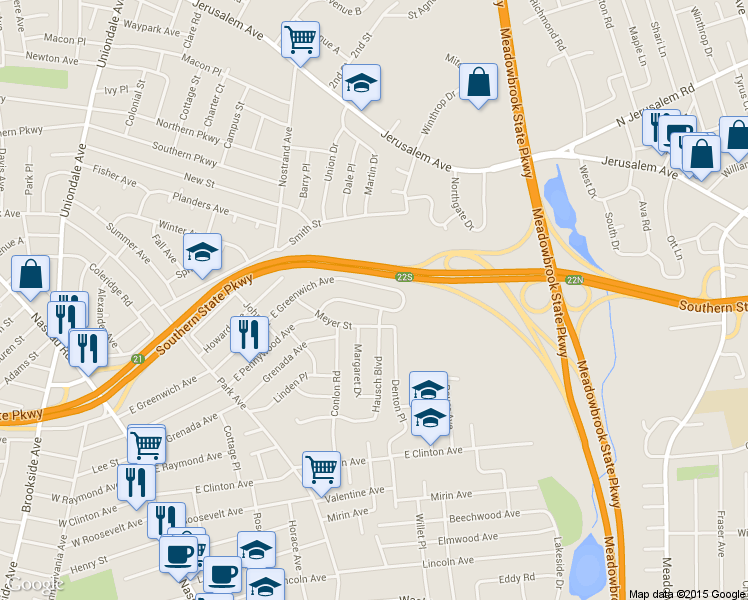 map of restaurants, bars, coffee shops, grocery stores, and more near 266 East Greenwich Avenue in Roosevelt