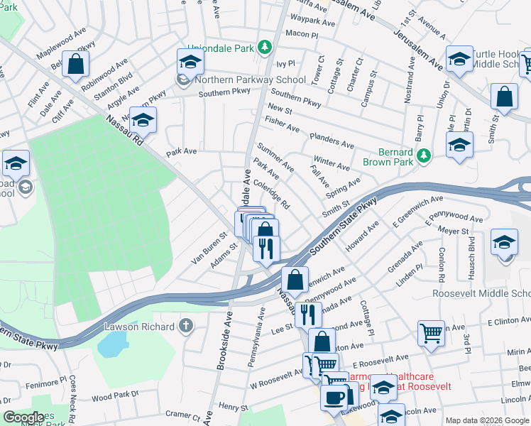 map of restaurants, bars, coffee shops, grocery stores, and more near 732 Coleridge Road in Uniondale