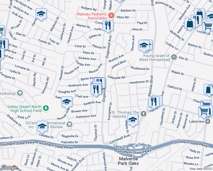 map of restaurants, bars, coffee shops, grocery stores, and more near 620 Dogwood Avenue in Franklin Square