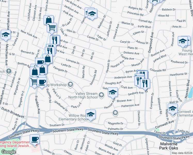 map of restaurants, bars, coffee shops, grocery stores, and more near 809 3rd Avenue in Franklin Square