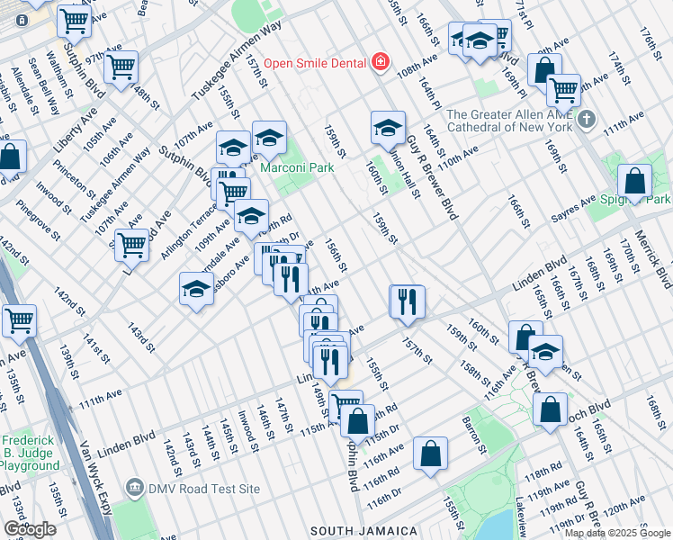 map of restaurants, bars, coffee shops, grocery stores, and more near 110-15 155th Street in Queens