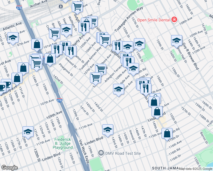 map of restaurants, bars, coffee shops, grocery stores, and more near 145-43 Arlington Terrace in Queens