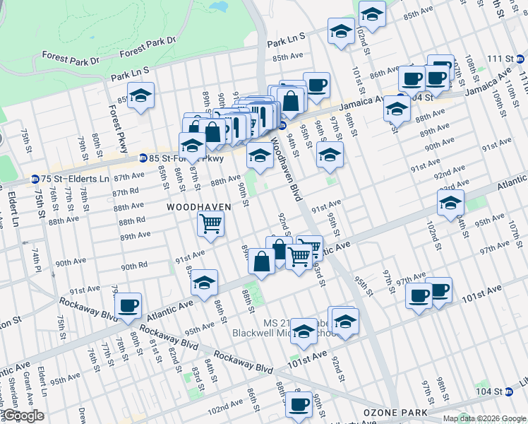 map of restaurants, bars, coffee shops, grocery stores, and more near 89-07 91st Street in Queens