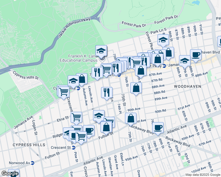map of restaurants, bars, coffee shops, grocery stores, and more near 87-01 Eldert Lane in Queens