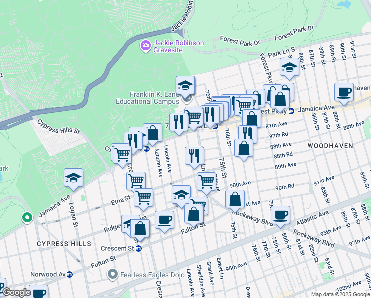 map of restaurants, bars, coffee shops, grocery stores, and more near 18 Grant Avenue in Brooklyn