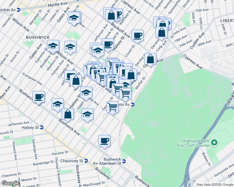 map of restaurants, bars, coffee shops, grocery stores, and more near 222 Schaefer Street in Brooklyn