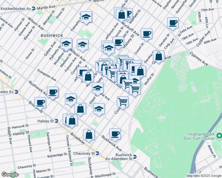 map of restaurants, bars, coffee shops, grocery stores, and more near 574 Wilson Avenue in Brooklyn