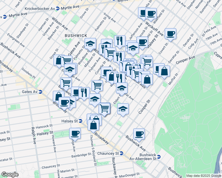 map of restaurants, bars, coffee shops, grocery stores, and more near 1150 Hancock Street in Brooklyn