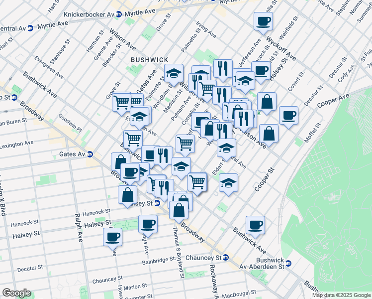 map of restaurants, bars, coffee shops, grocery stores, and more near in Brooklyn