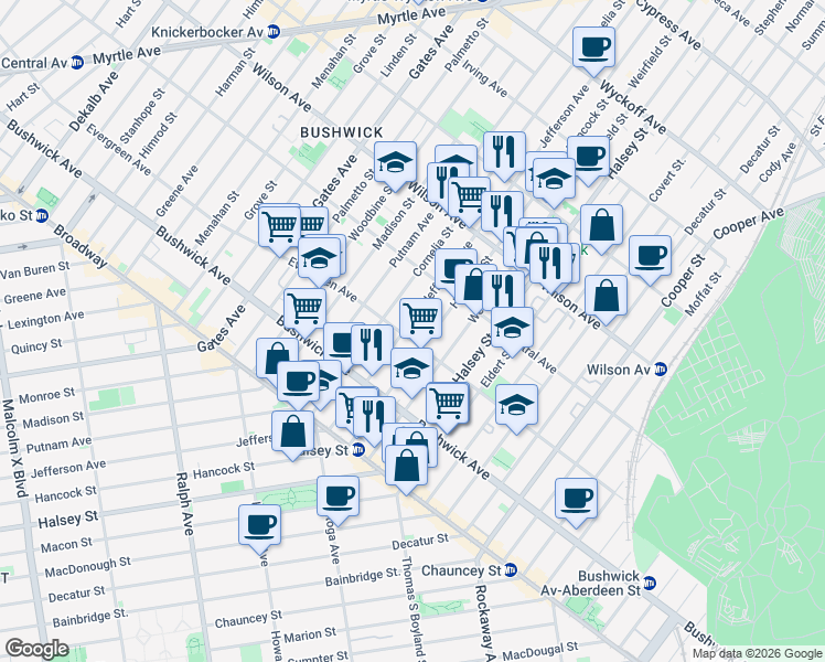 map of restaurants, bars, coffee shops, grocery stores, and more near in Brooklyn