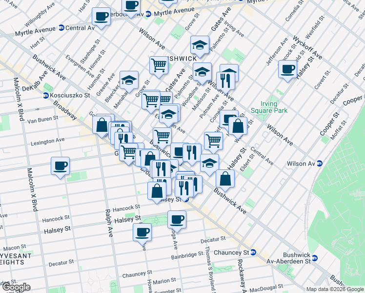 map of restaurants, bars, coffee shops, grocery stores, and more near 1052 Madison Street in Brooklyn