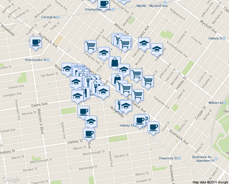 map of restaurants, bars, coffee shops, grocery stores, and more near 1071 Bushwick Avenue in Brooklyn
