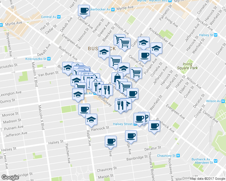 map of restaurants, bars, coffee shops, grocery stores, and more near 1071 Bushwick Avenue in Brooklyn