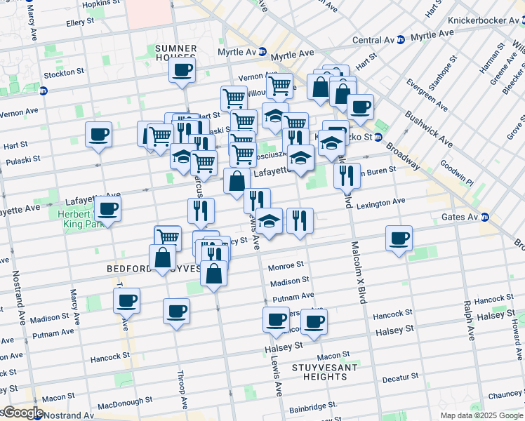 map of restaurants, bars, coffee shops, grocery stores, and more near 181 Lewis Avenue in Brooklyn
