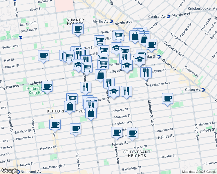 map of restaurants, bars, coffee shops, grocery stores, and more near 181 Lewis Avenue in Brooklyn