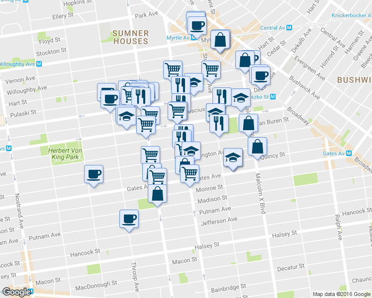map of restaurants, bars, coffee shops, grocery stores, and more near 181 Lewis Avenue in Brooklyn