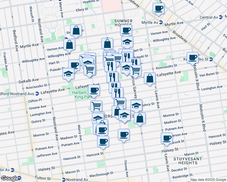 map of restaurants, bars, coffee shops, grocery stores, and more near 375 Throop Avenue in Brooklyn