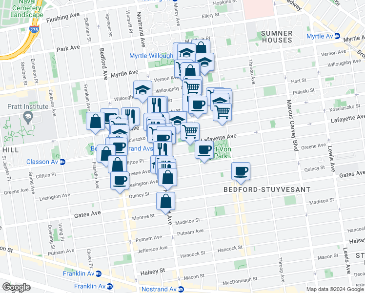 map of restaurants, bars, coffee shops, grocery stores, and more near 114 Kosciuszko Street in Brooklyn